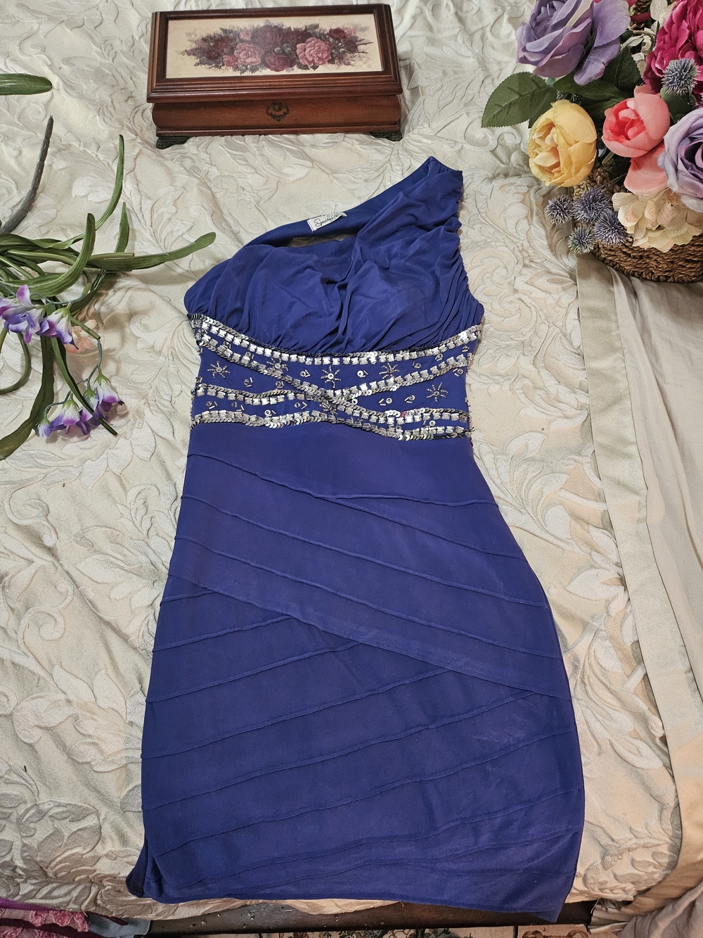 Vintage Y2K Barbie One-Shoulder Sapphire Blue Dress with Beaded Waist